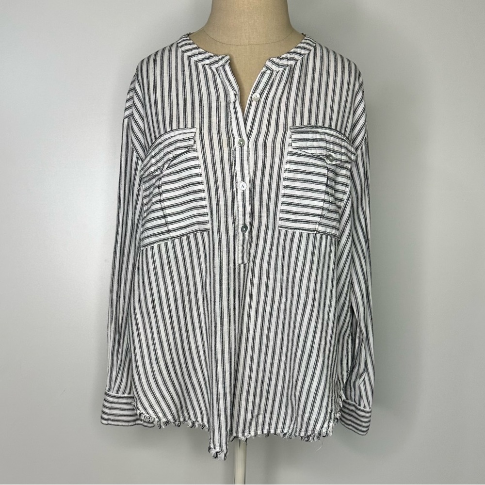 Elan 100% Linen Striped High Low Long Sleeve Tunic Top Sz Medium